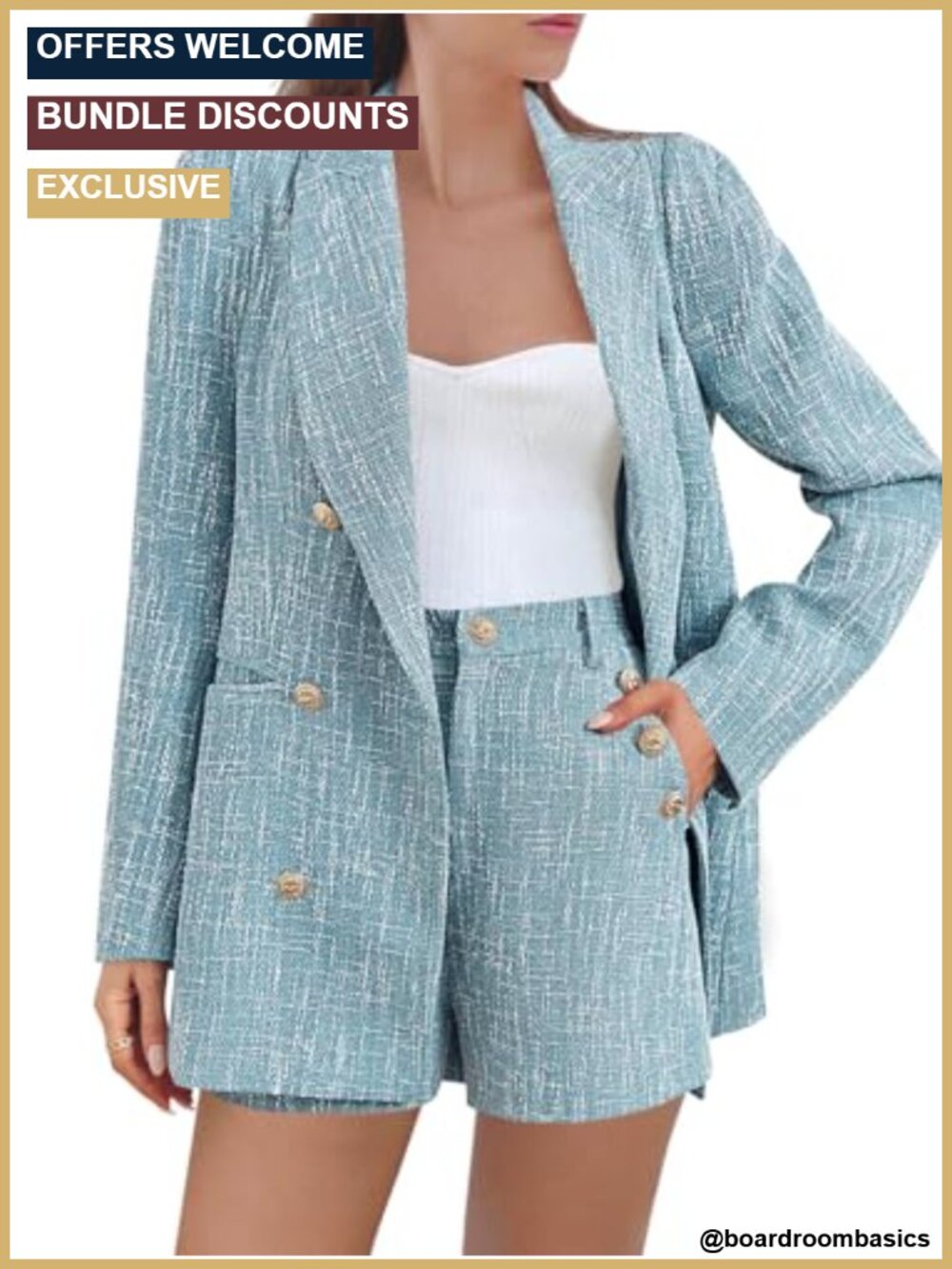 2 Piece Tweed Blazer Shorts Suit Set Women Double Breasted Work Office Outfit